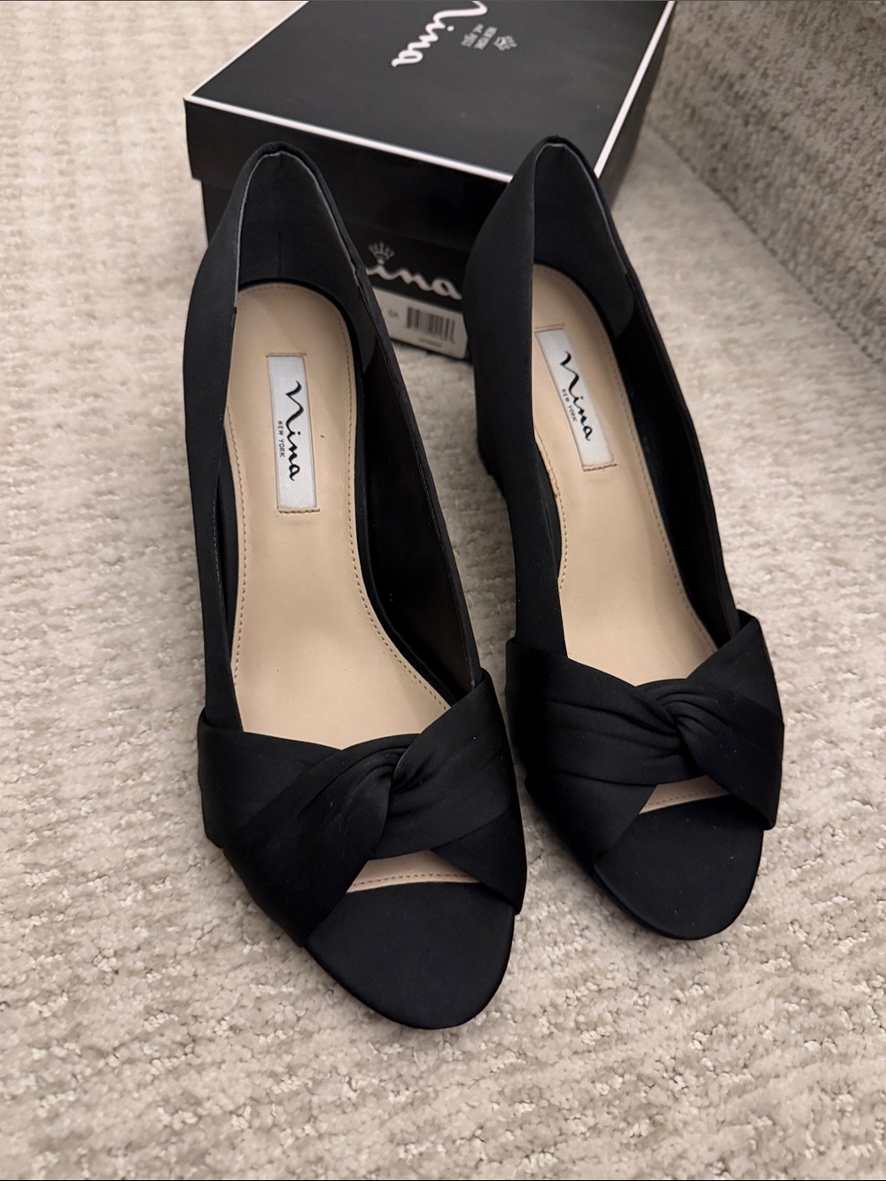 Nina Black Knotted Peep-Toe Wedges